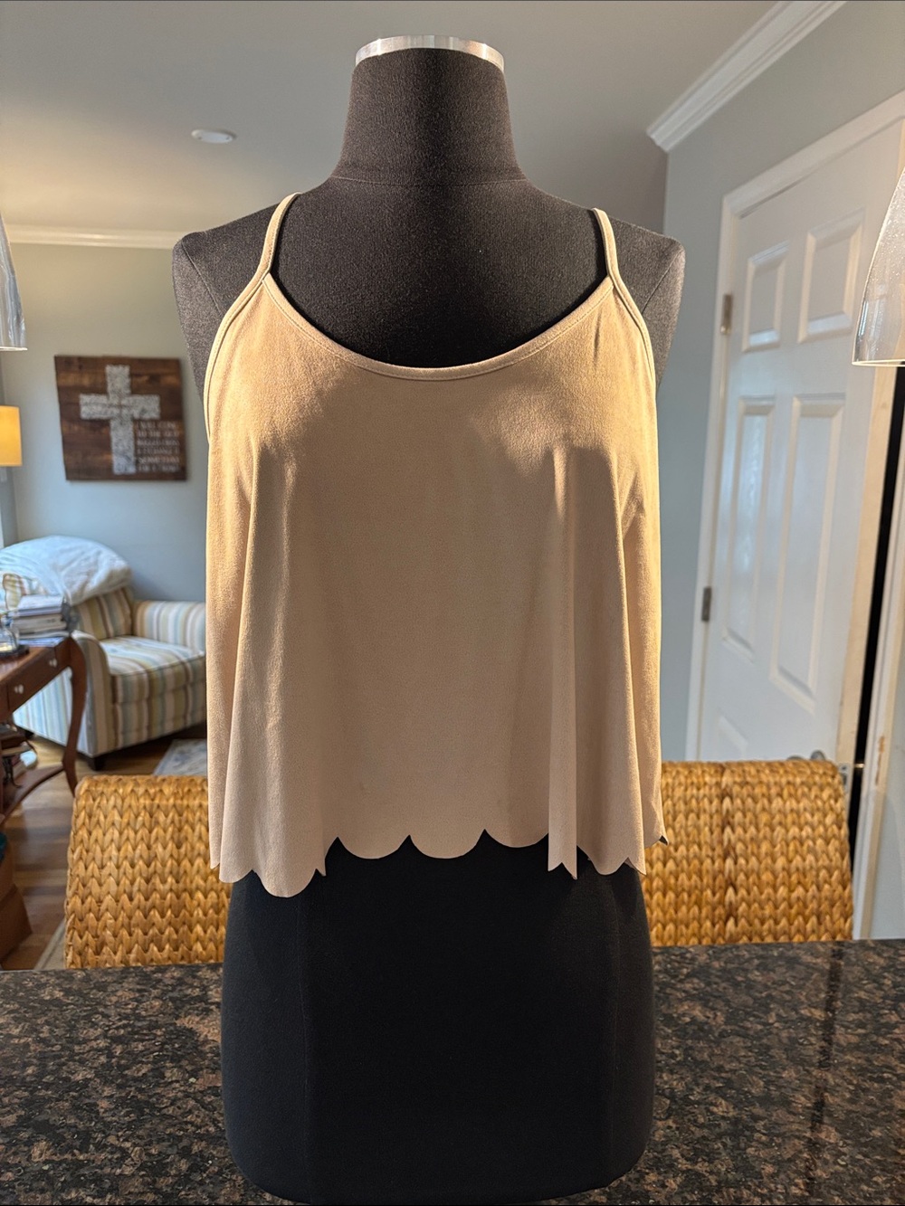 buttons Beige Scalloped Hem Spaghetti Strap Camisole